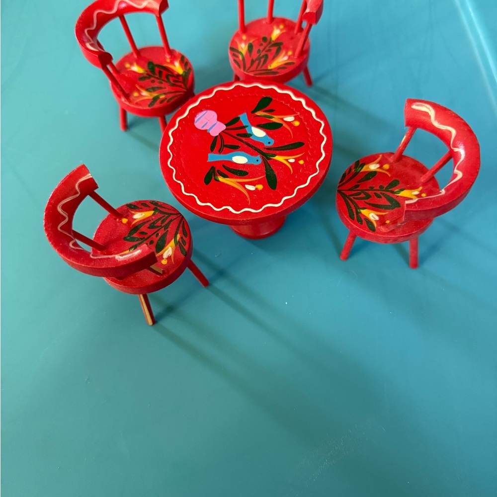 Vintage Fomerz Japan Hand-Painted Red Wooden Dollhouse Table & 4 Chairs Set 1:12